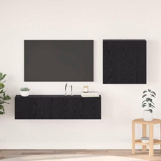 Berkfield Home 4-Piece Modern Wall-Mounted TV Cabinet Set with Lowboard, Shelves and Hinged Doors in Black Oak, W/D/H: 120 x 30 x 30 cm