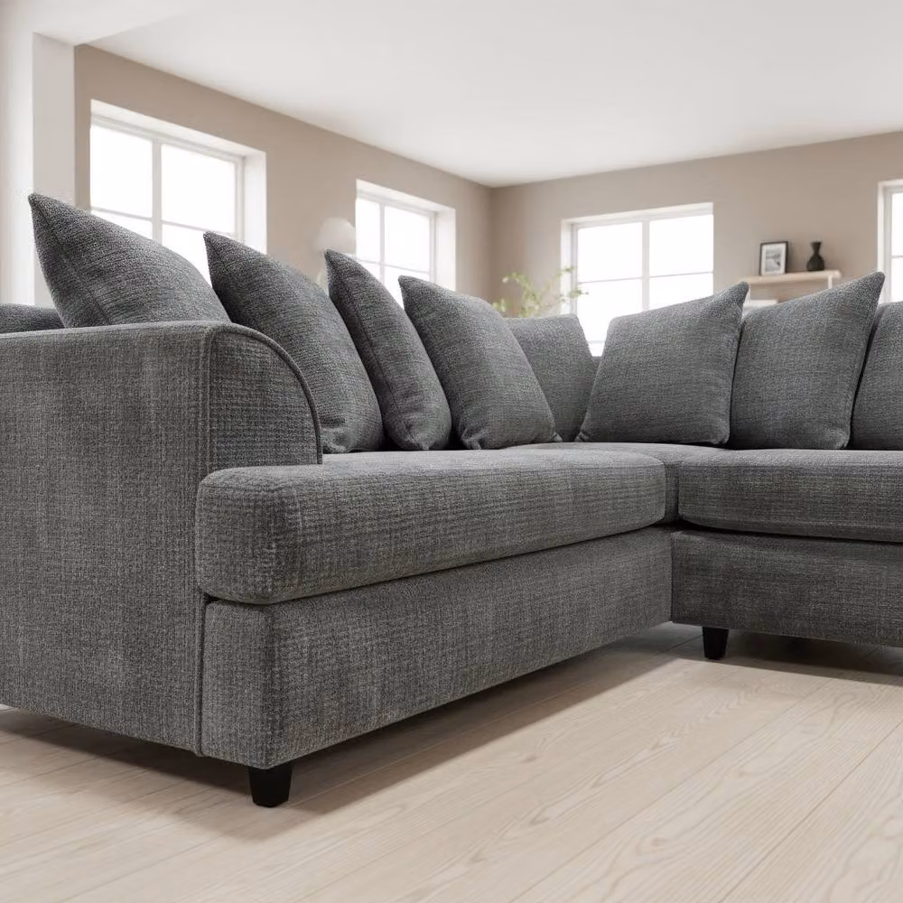 Abakus Direct Ferguson L-Shape Chenille Corner Sofa in Grey with Scatter Cushions and Solid Wood Frame – 3