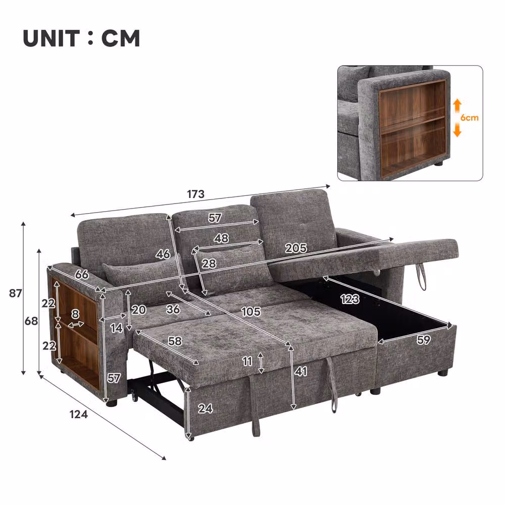 Rolipo 3-in-1 Convertible Chenille L-Shaped Sofa Bed with Storage and USB Charging, Grey – 2