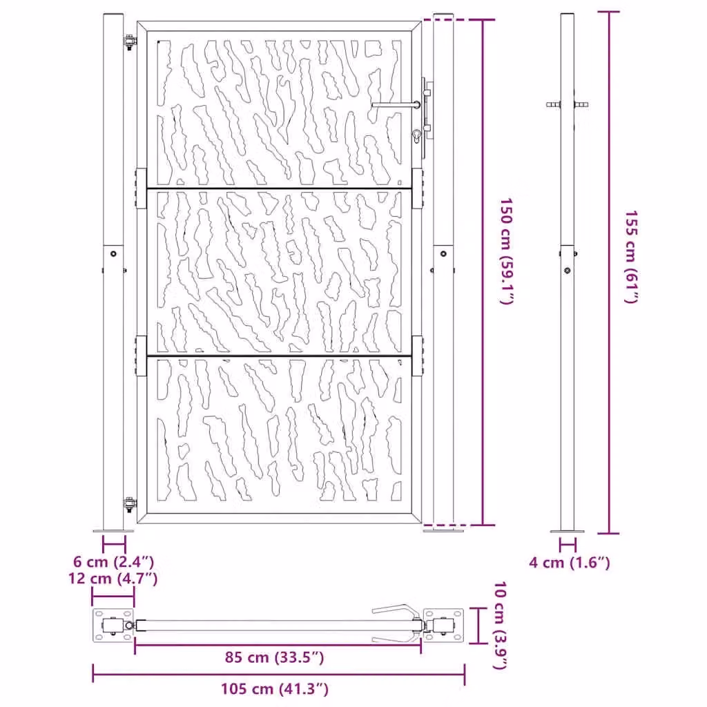 Berkfield Black Steel Garden Gate with Trace Design, W: 105 cm, H: 155 cm – 6