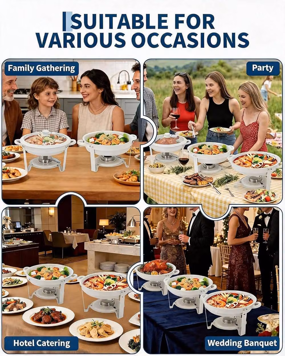 London Boutique 6 Piece Maifanite-Coated Round Chafing Dish Buffet Food Warmer Set in White, 5L Capacity – 5