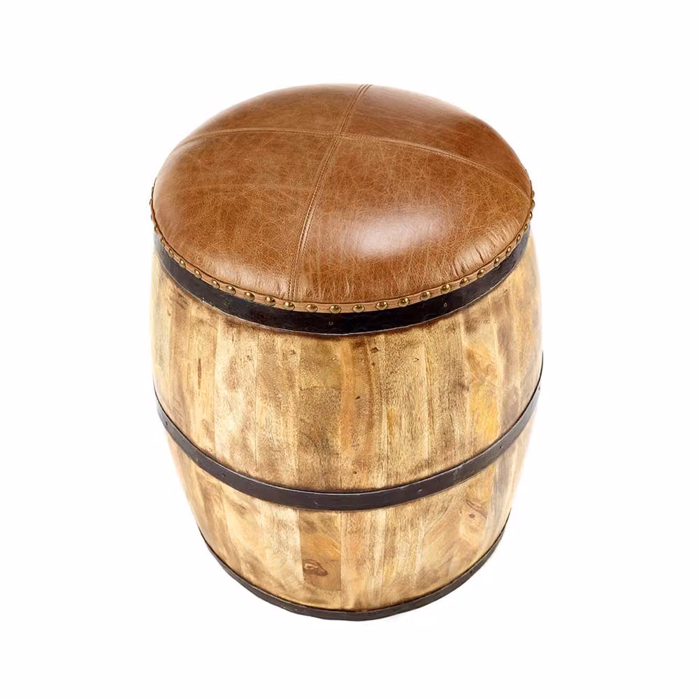 Elm Home And Garden Wooden Whiskey Barrel Stool with Brown Leather Top, H51 x W47 x D47 cm – 2