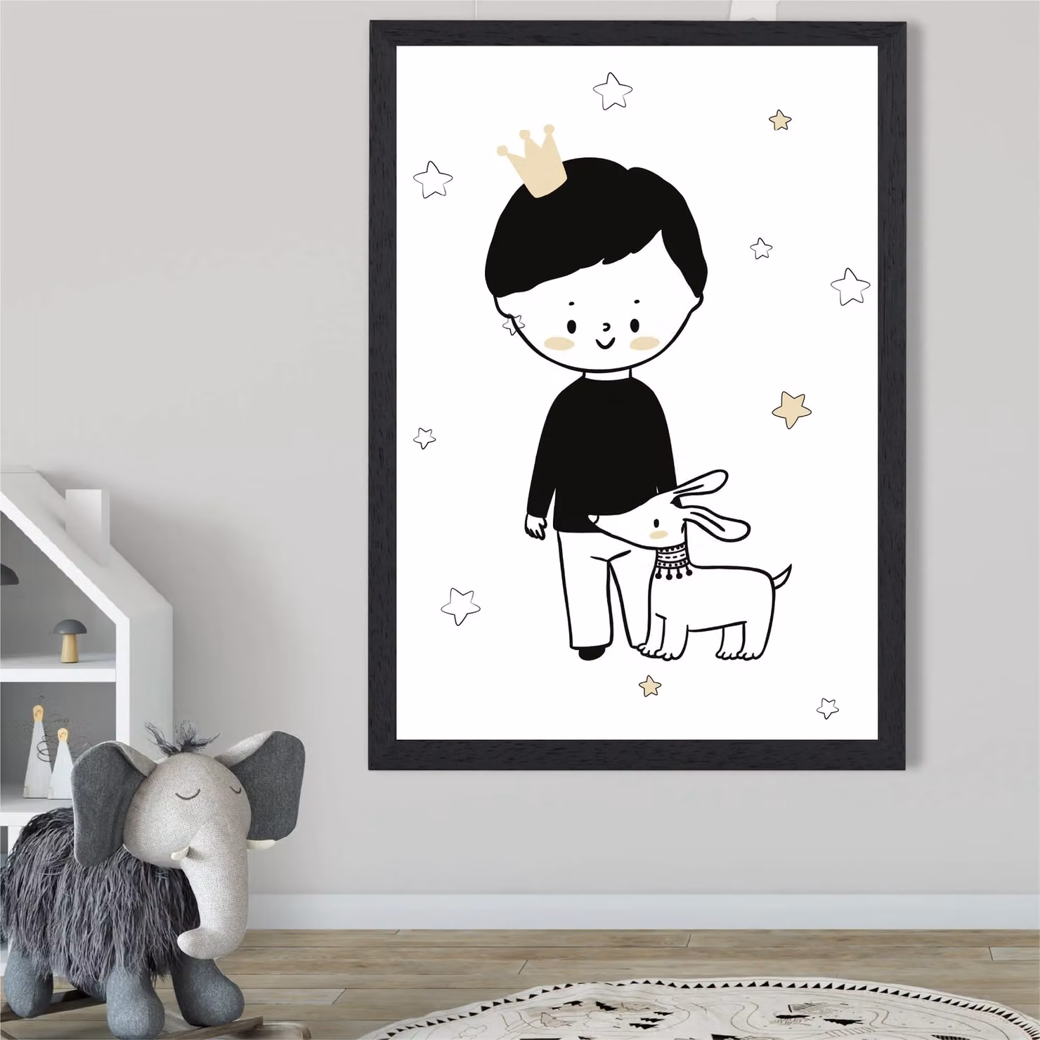 ARTZE Scandi Prince Little Boy with Dog Framed Print, Multicolour, Black Frame – 2