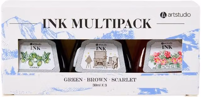 Art Studio Ink Pot Set of 3 in Green, Brown and Red