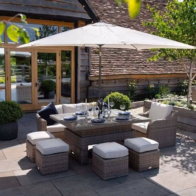 Primrose Living Modern 8 Seater Rattan Sofa Set with Rising Table in Beige