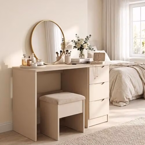 FWStyle Luno Putty 3 Drawer Dressing Table Desk in Beige, W: 99 cm, D: 40 cm, H: 72 cm – 2