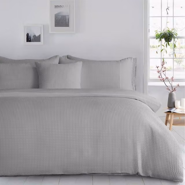 Velosso Classic Plain Waffle Weave Duvet Set and Pillowcase in Silver Grey, 200 x 200 cm