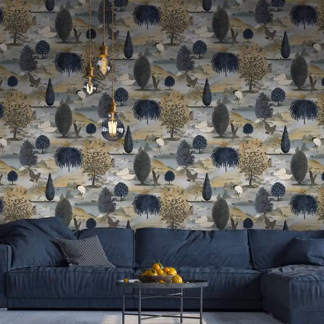 Holden Decor Blue Abstract Landscape and Botanical Animal Paper Wallpaper