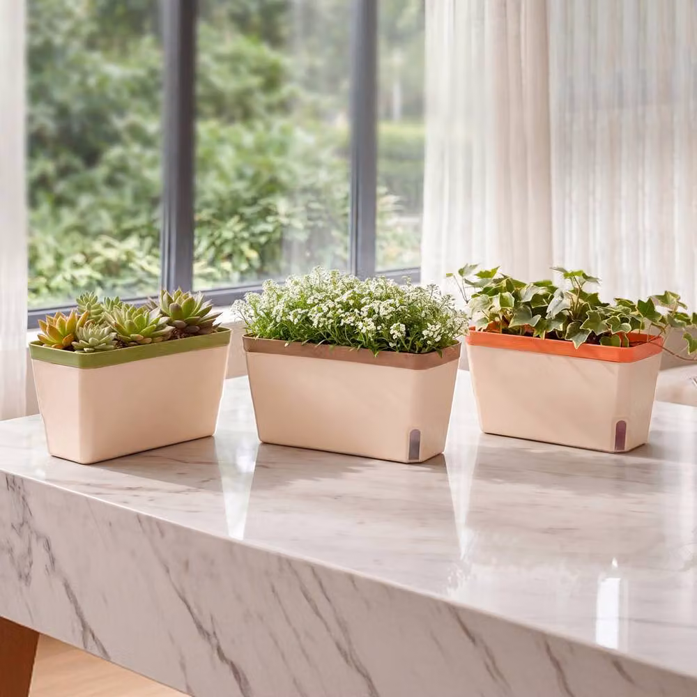 Toque 3-Piece Self-Watering Indoor Herb Planters with Water Level Indicator in Beige – 3