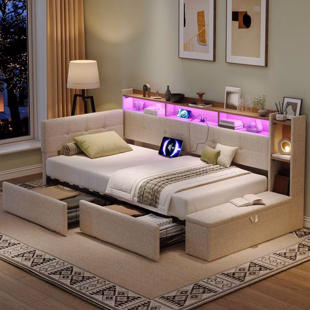 Matteo Modern Linen Single LED Daybed with Storage and USB Charging Station in Beige, W/D/H: 90 x 190 cm – 2