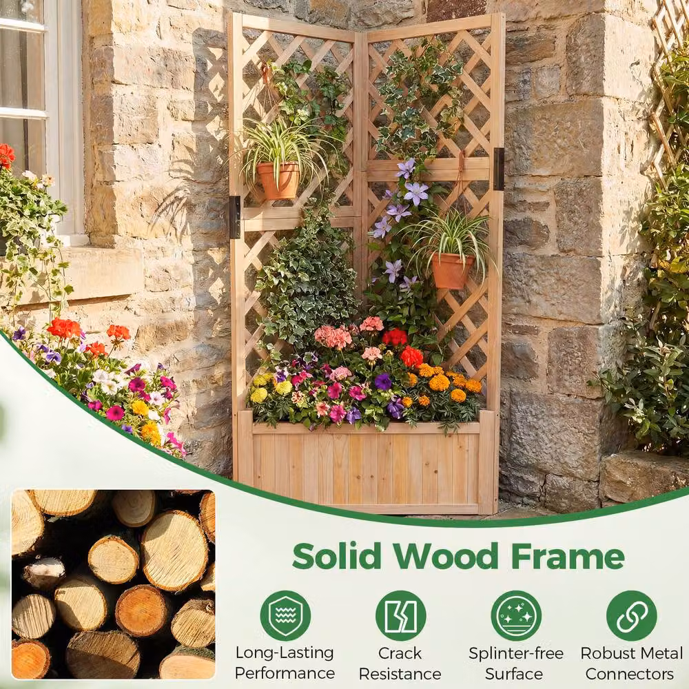 Costway Raised Wooden Garden Bed with Lattice Trellises in Brown, W: 140 cm, D: 100 cm, H: 63 cm – 6
