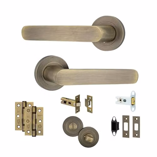 AXS Hardware Harlem Internal Lever Door Handle Pair with Bathroom Pack in Antique Brass – 1
