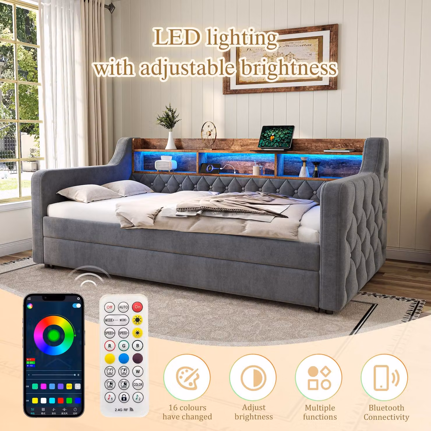 Aosom UK Modern Velvet Upholstered Sofa Bed with Pull-Out Frame, LED Lighting and USB Charging, Dark Grey, W: 201 cm, D: 107 cm, H: 75 cm – 7