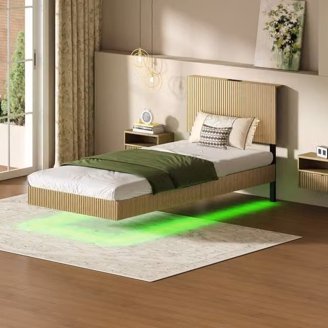 Matteo Modern Floating Single Bed with LED Under-Bed Lighting and Fluted Headboard in Natural Sand/Beige, W/D/H: 90 x 200 cm