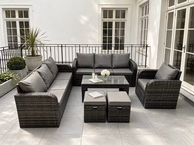 Fimous 9 Seater Grey PE Rattan Garden Furniture Set with Reclining Sofa, Coffee Table and Ottomans