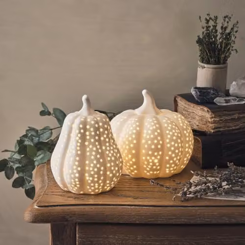 Lights4fun Matte White Porcelain LED Pumpkin Tabletop Decoration – 2