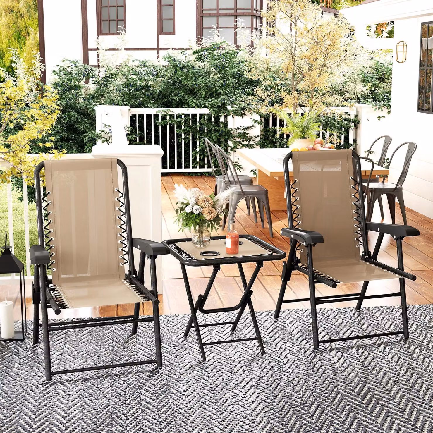OUTSUNNY 3 Piece Folding Garden Bistro Set with Cup Holders in Beige – 2