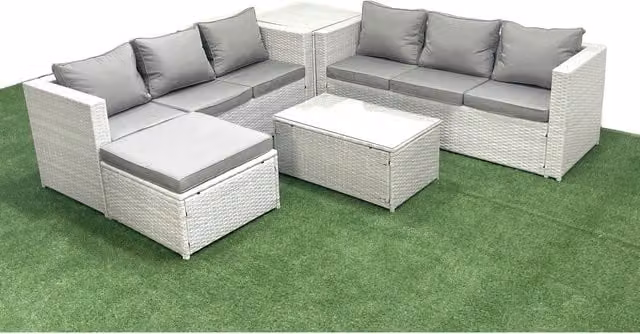 Fimous 7-Seater L-Shape PE Rattan Outdoor Sofa Set with Ottoman and Coffee Table in Light Grey Mixed Rattan and Dark Grey Fabric