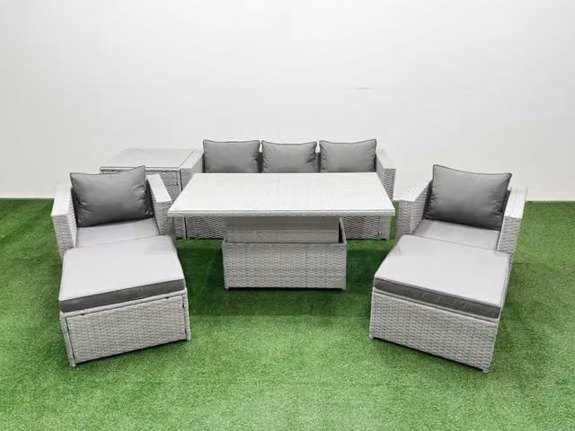 Fimous 7 Piece Rising Dining Table Set with Side Table in Light Grey Rattan, Glass and Metal