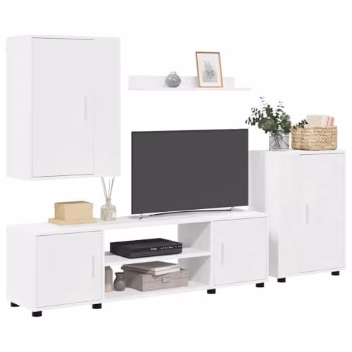 vidaXL Modern White TV Cabinet Set with Lowboard, Wall Cabinet and Open Shelf, W/D/H: 140 x 40 x 33 cm
