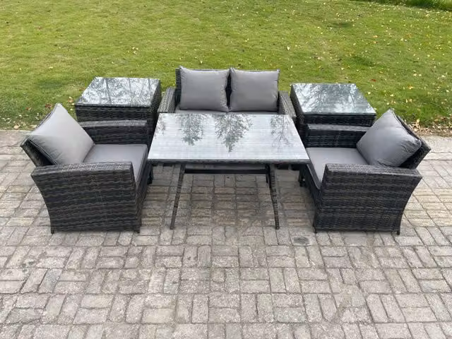 Fimous Dark Grey Mixed Rattan High Back Garden Sofa and Dining Table Set with 2 Side Tables