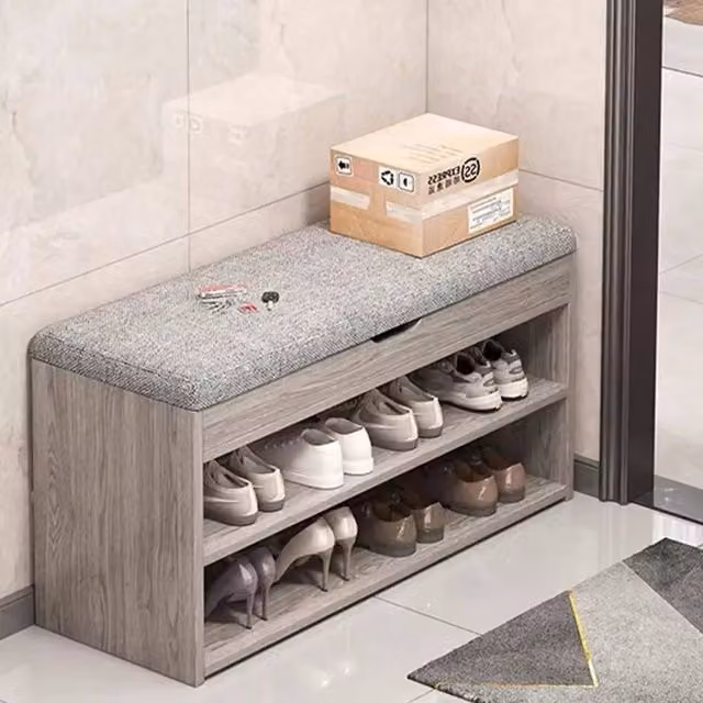 Kelvenix Grey Fabric Upholstered Shoe Bench and Storage Rack – 1