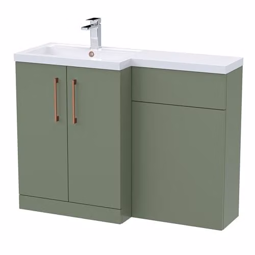 Balterley Corner L-Shaped Vanity Unit and WC Unit with L-Shaped Basin and Worktop, Green, Floor Standing with 2 Soft Close Doors and Copper D Shape Handles