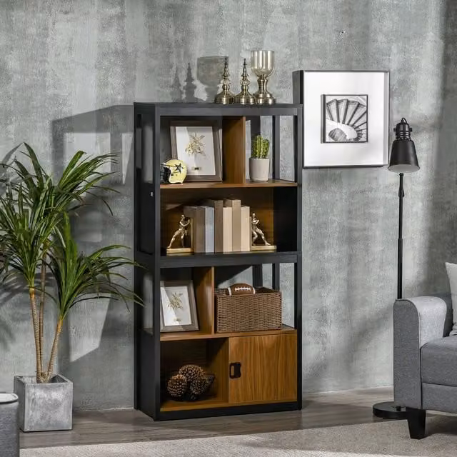 HOMCOM 4-Tier Industrial Bookshelf with Storage Shelves in Walnut Brown and Black