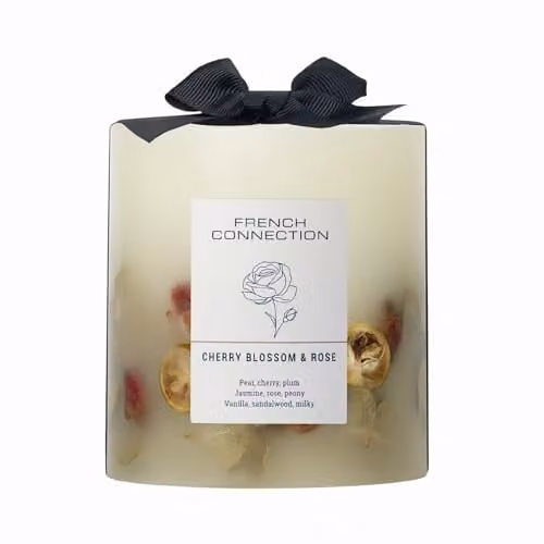 French Connection Cherry Blossom and Rose Scented Botanical Pillar Candle, 660g