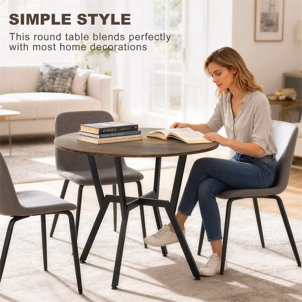 EONLION Rustic Brown Round Dining Table with Black X-Frame Base, Diameter: 100 cm – 3