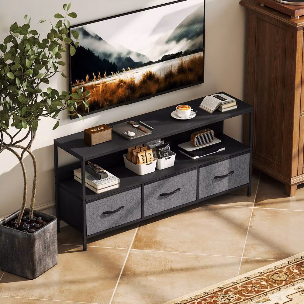 STILVORA Industrial Black Metal TV Stand with 3 Drawers and Media Compartments – 2