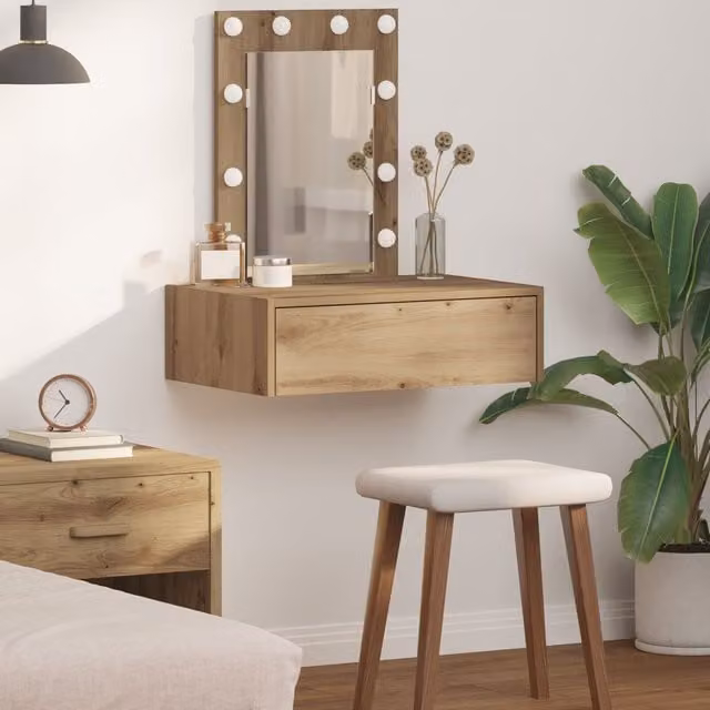 Berkfield Home Wall Hanging Dressing Table with Hollywood LED Lights in Artisan Oak Brown, W/D/H: 70 x 40 x 60 cm – 1