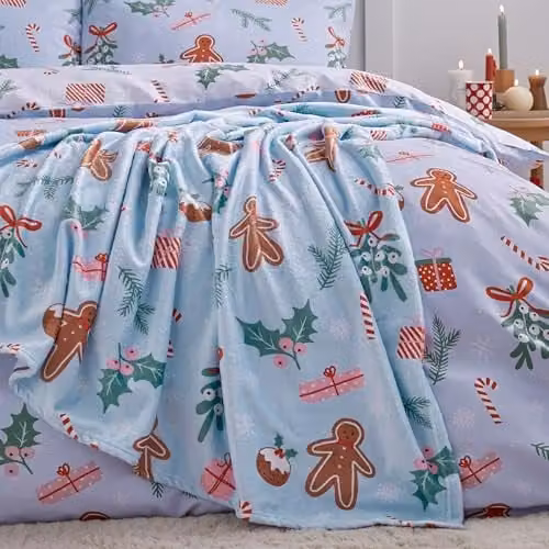 Catherine Lansfield Christmas Gingerbread Cosy Fleece Throw Blanket, Blue, W/D/H: 130 x 170 cm