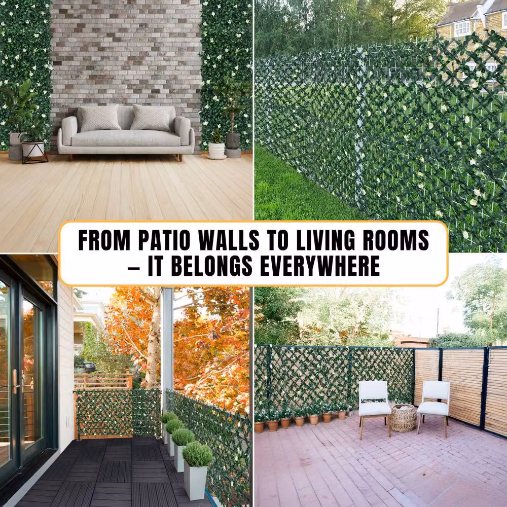 Novecrafto Expanding Artificial Hedge Privacy Trellis with Leaves and Flowers in White, Green and Purple, W: 282 cm, H: 30 cm – 9