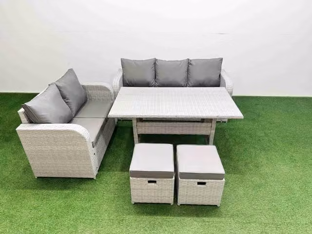 Fimous 7 Seater Grey PE Rattan Wicker Garden Furniture Set with Rectangular Dining Table, 3 Seater Sofa, Love Seat and 2 Stools