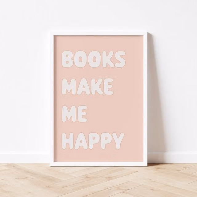 Autumns Corner Books Make Me Happy Typography Wall Print, Pink, A4
