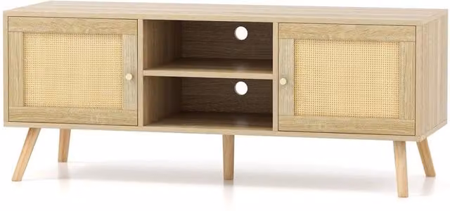 FORGEVIO Boho Rattan Media Console Table with 2 Cabinets and Open Shelves in Beige