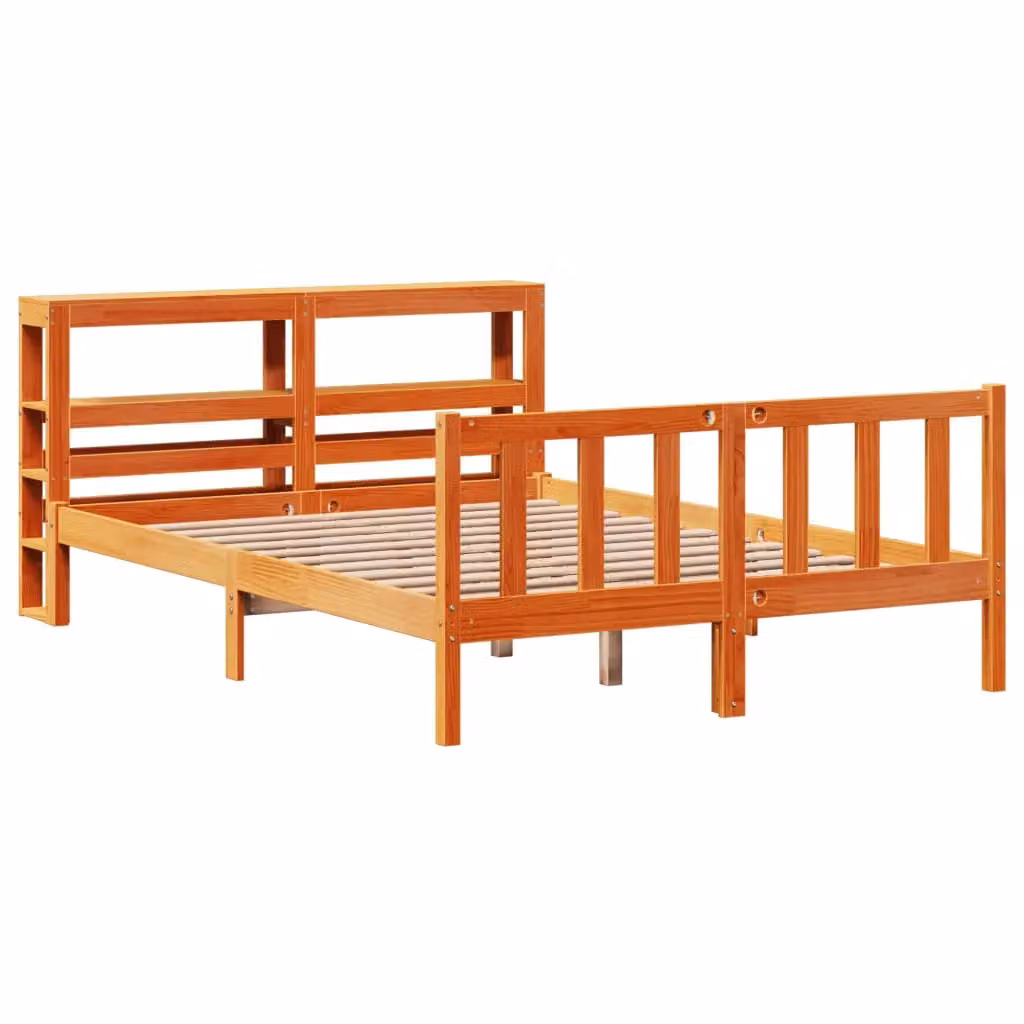 Berkfield Home Double Bed Frame with Headboard in Wax Brown Solid Pine Wood, W/D/H: 135 x 190 cm – 2
