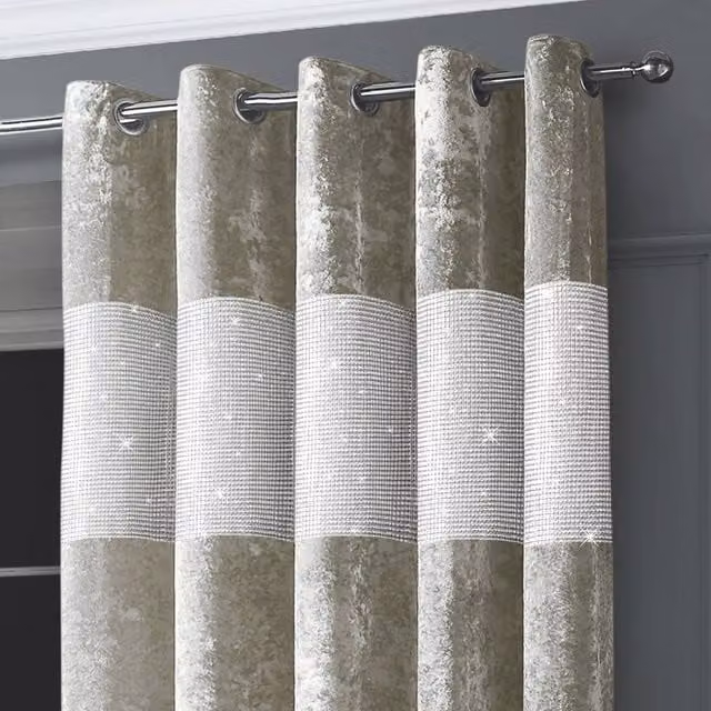 Intimates Diamante Velvet Eyelet Curtains in Beige and Silver, Width: 228 cm, Drop: 183 cm