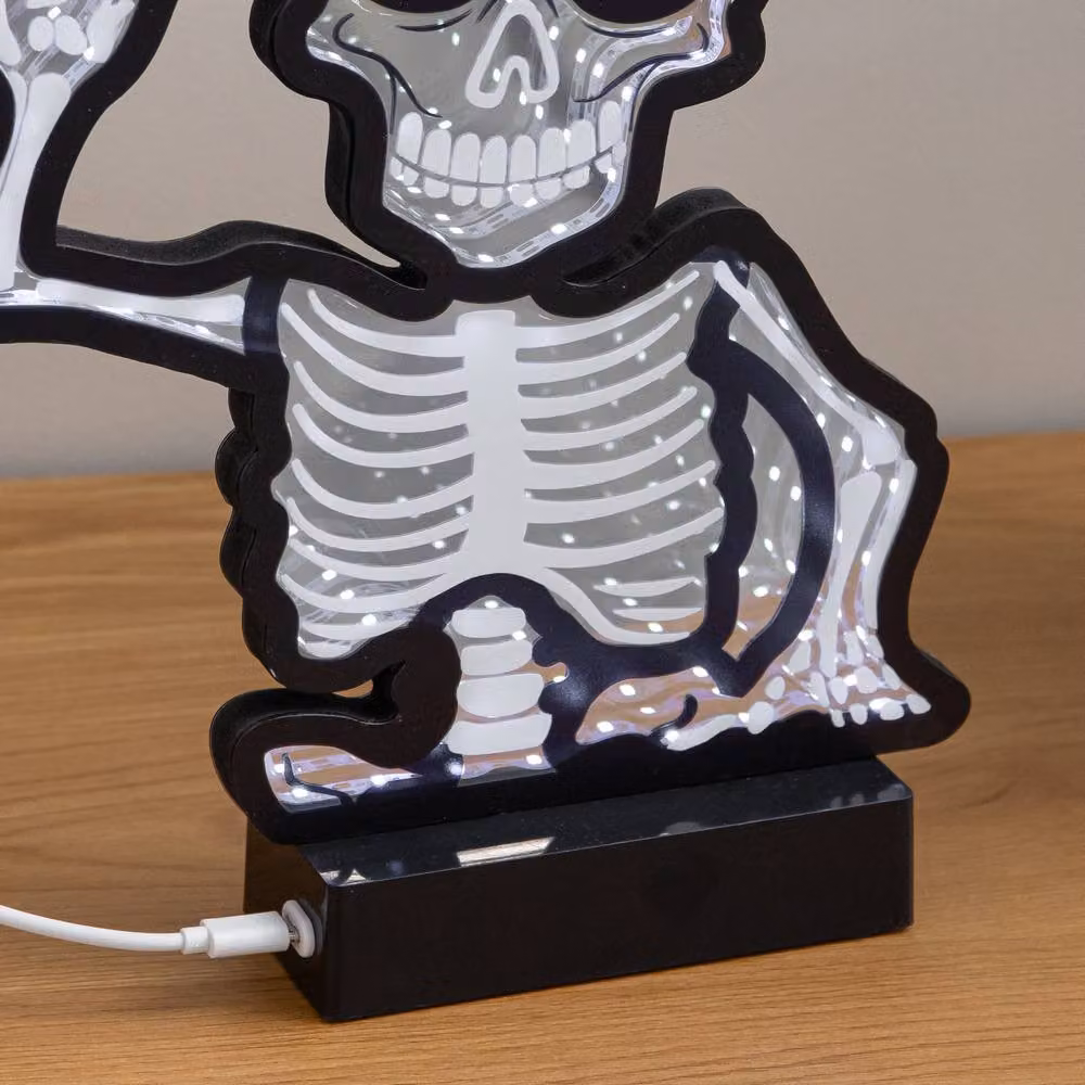 Samuel Alexander Halloween Skeleton Infinity Mirror with LED Lights, Black, White and Purple, W/D/H: 27.0 x 22.0 x 5.0 cm – 5
