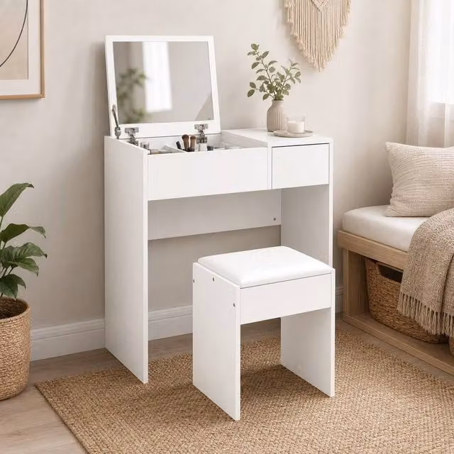 STILVORA White Modern Dressing Table Set with Flip-up Mirror and Stool