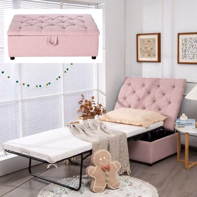 Gymax Convertible Sofa Bed Folding Ottoman Sleeper Lounger in Pink