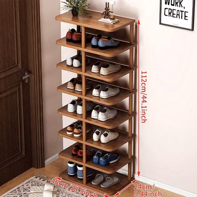 NESTLUNE 8-Tier Vertical Shoe Rack Storage Shelf in Brown, W: 100 cm, D: 15 cm