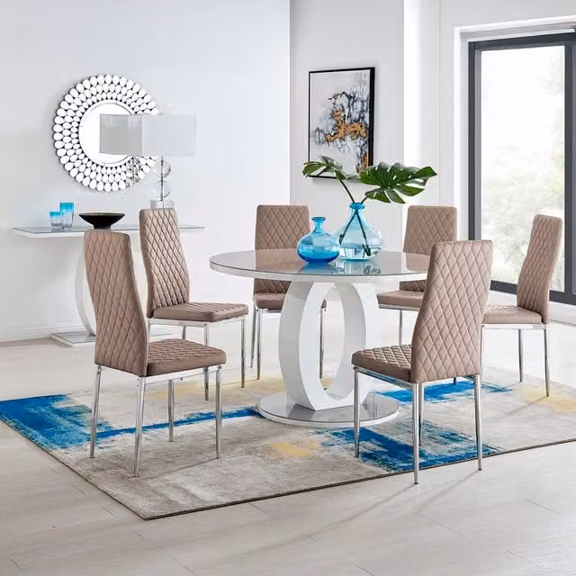 FurnitureboxUK Giovani Round Dining Table and 6 Milan Chairs Set in Cappuccino with Grey Glass Top, Diameter: 120 cm