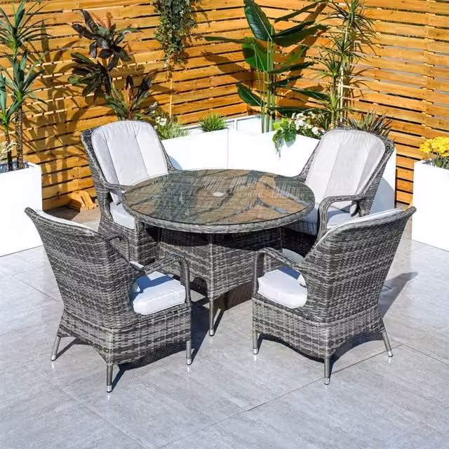 Abrihome 4 Seater Round Garden Dining Table and Chairs Set with Glass Top, Grey, Diameter: 120 cm, Height: 72 cm
