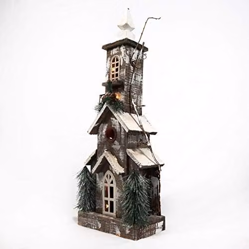 Shatchi Vintage Wooden Christmas Church Tabletop Centrepiece with Warm White LEDs, Brown and White, H 66 cm – 2
