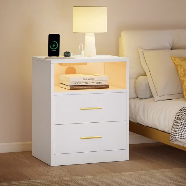 SONGMICS Modern White LED End Table with USB Charging and Drawers