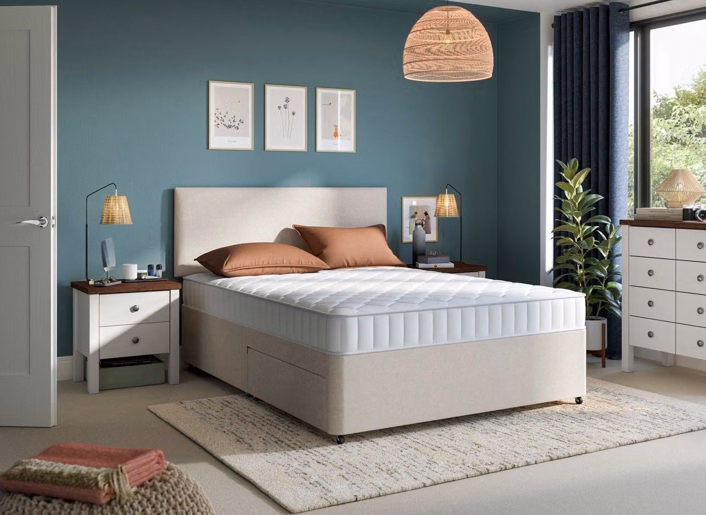 Dreams Classic Spring Upholstered Fabric Bed with Drawers in Beige