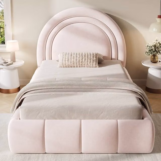 Merax Single Velvet Ottoman Bed with Storage and Padded Headboard in Pink, W/D/H: 90 x 190 x 104 cm – 1