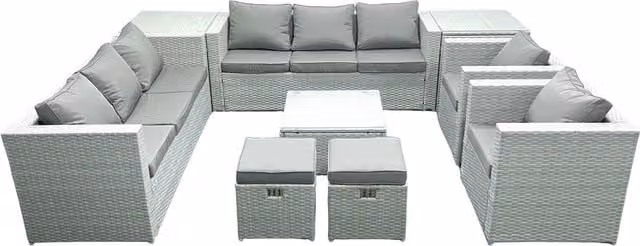 Fimous Outdoor Rattan Garden Furniture Set in Light Grey with 2 Armchairs, Square Coffee Table, 2 Small Footstools and 2 Side Tables
